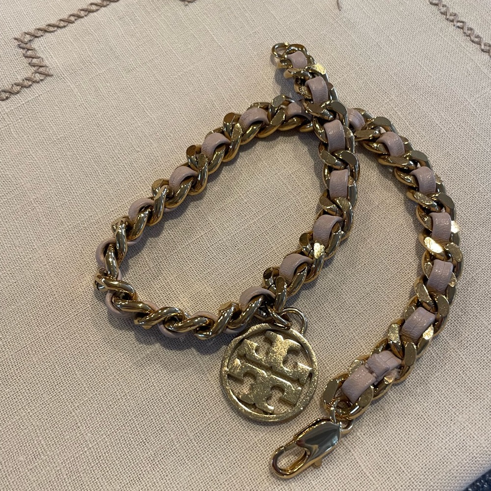 Tory Burch Metallic Leather and Chain Double Wrap Bracelet with Logo